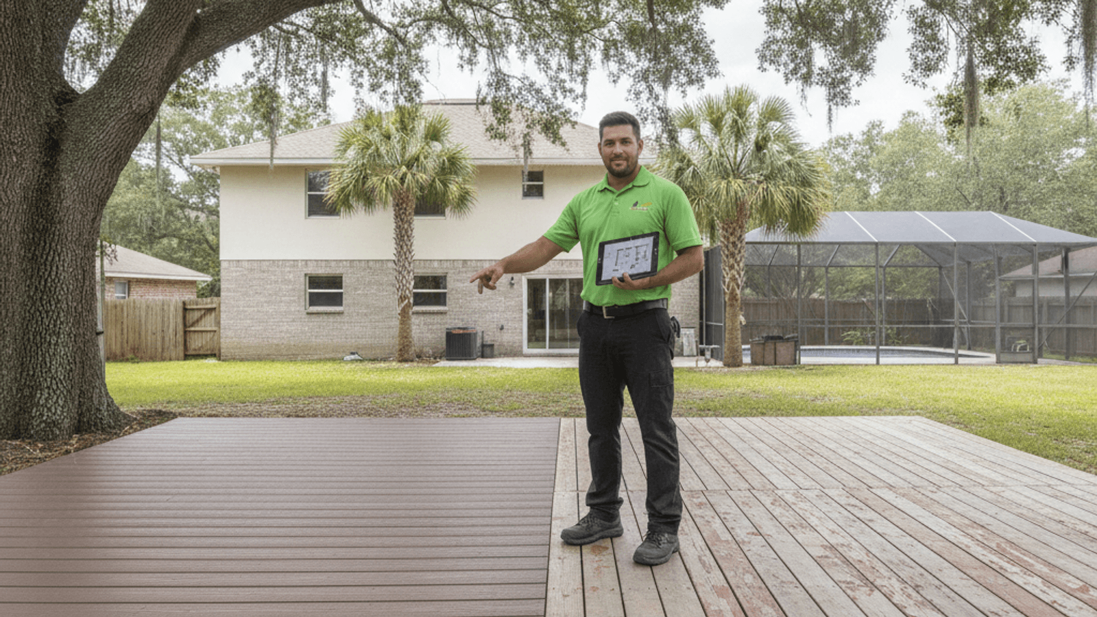 Composite decking installed next to weathered wood decking in Central Florida