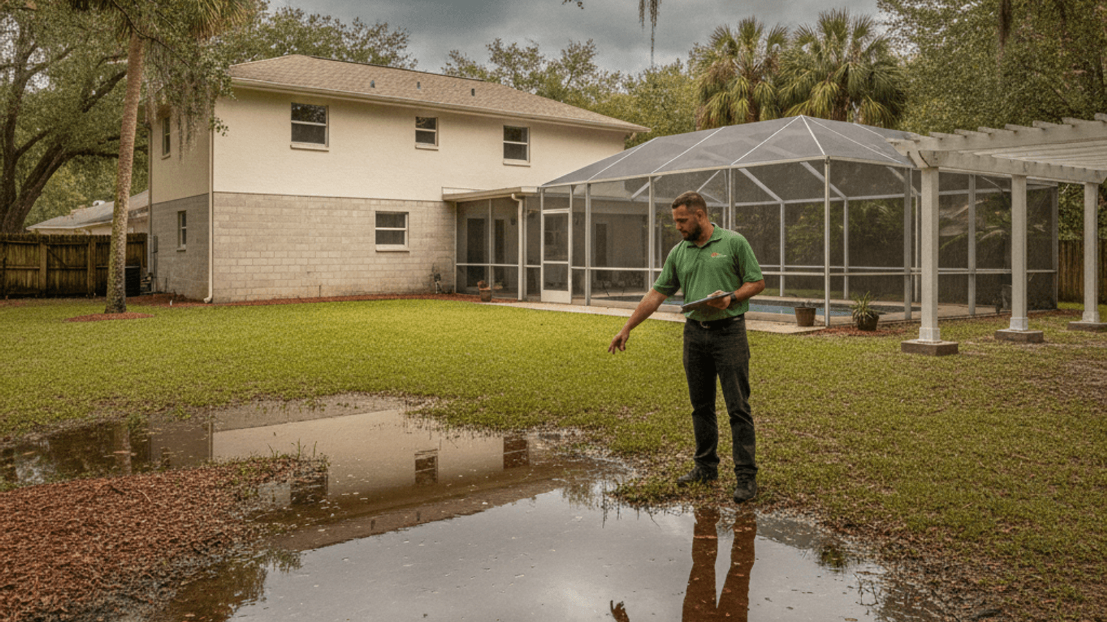 Standing water pooling in an Orlando-area backyard after a summer storm