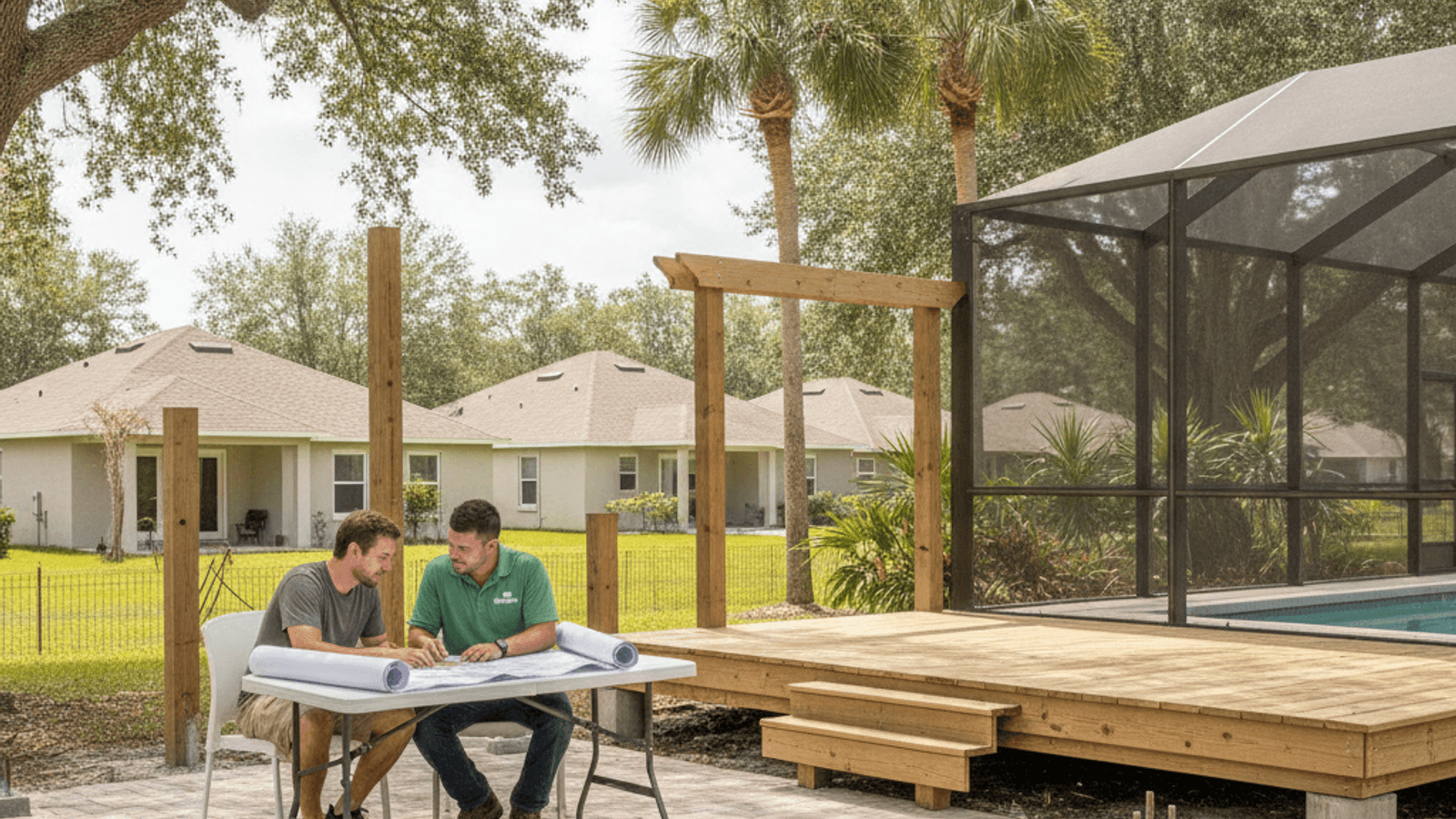 Homeowner reviewing HOA architectural review plans for a backyard project