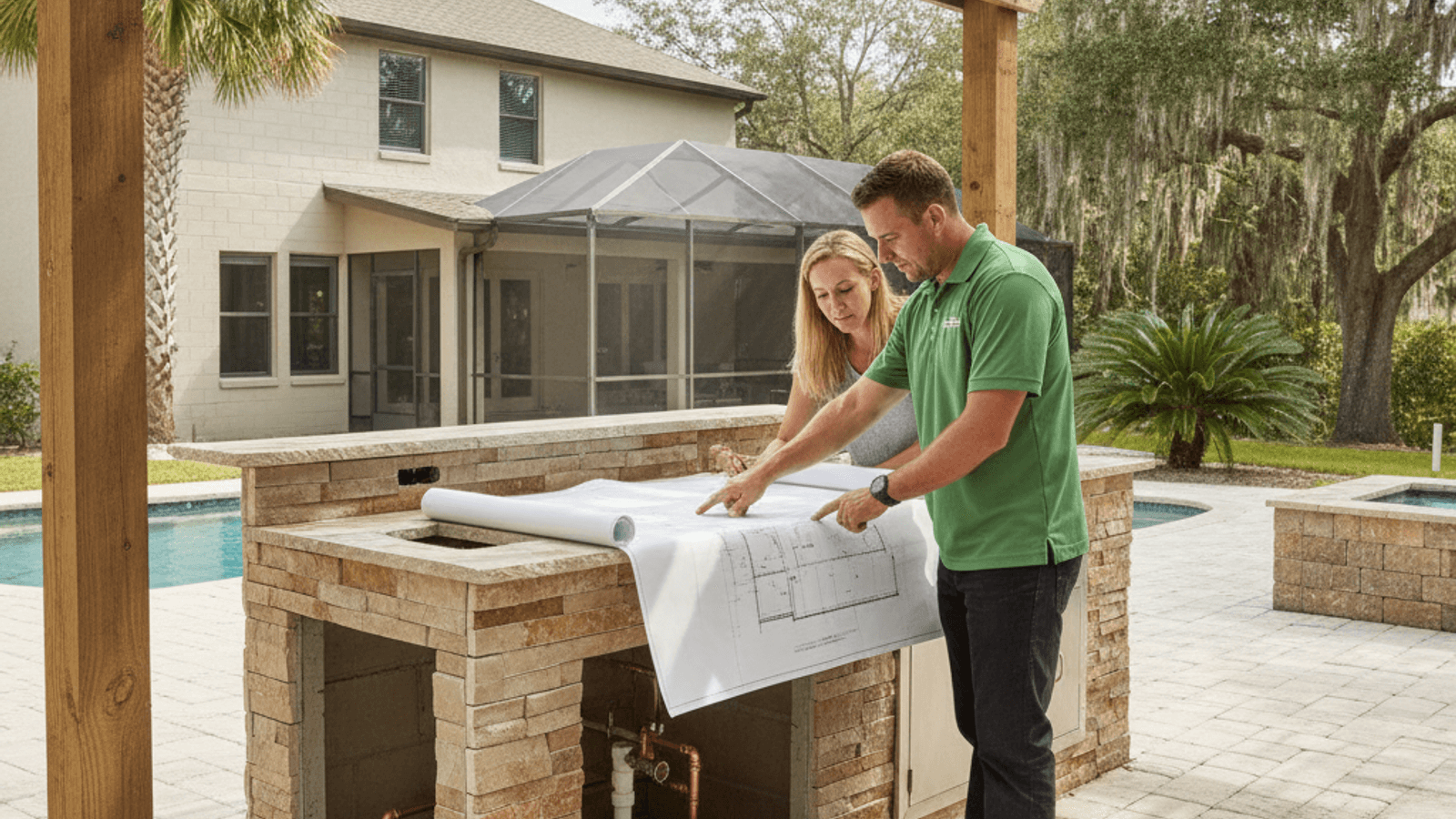 Outdoor kitchen grill counter under a covered structure in Orlando