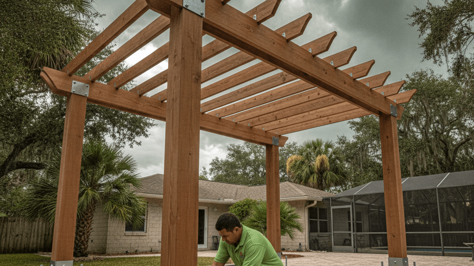 Pergola structure anchored for wind in a Central Florida backyard ahead of storm season