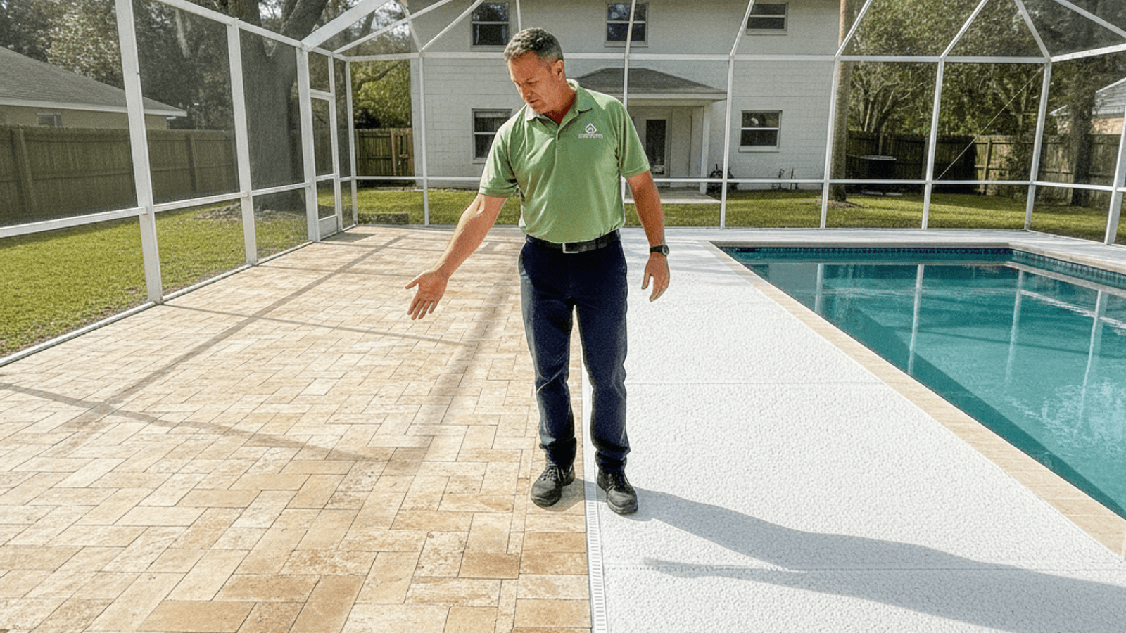 Paver patio section next to a resurfaced pool deck in an Orlando backyard