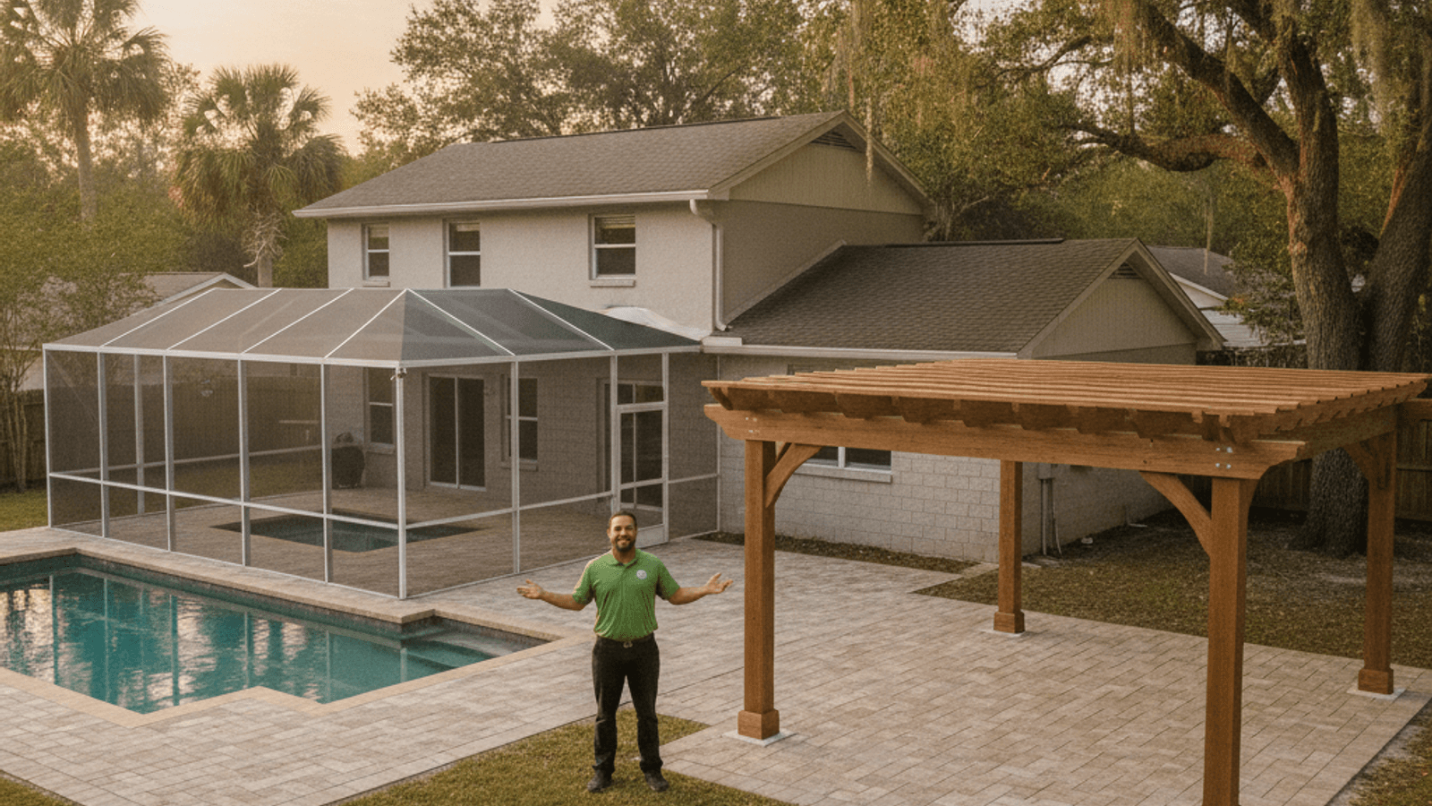 Screened lanai and open pergola side by side on an Orlando-area home