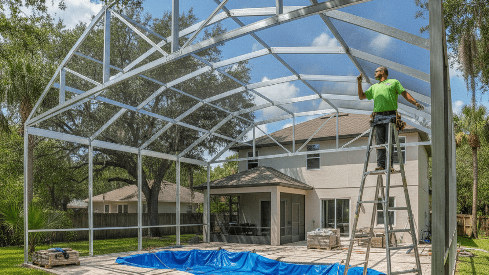 Screened pool cage enclosure under construction on an Orlando-area home