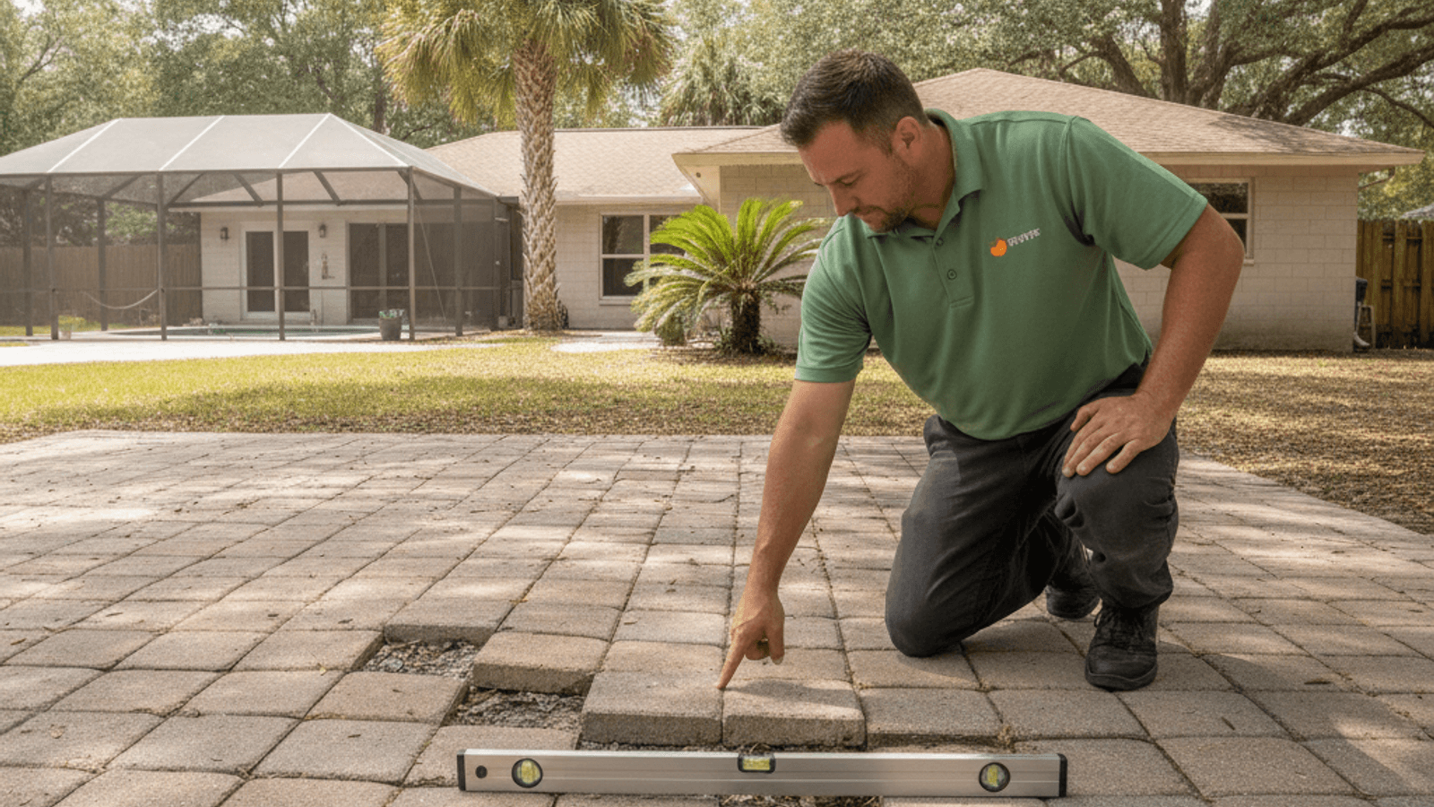 Shifted and uneven paver patio joints in an Orlando-area yard