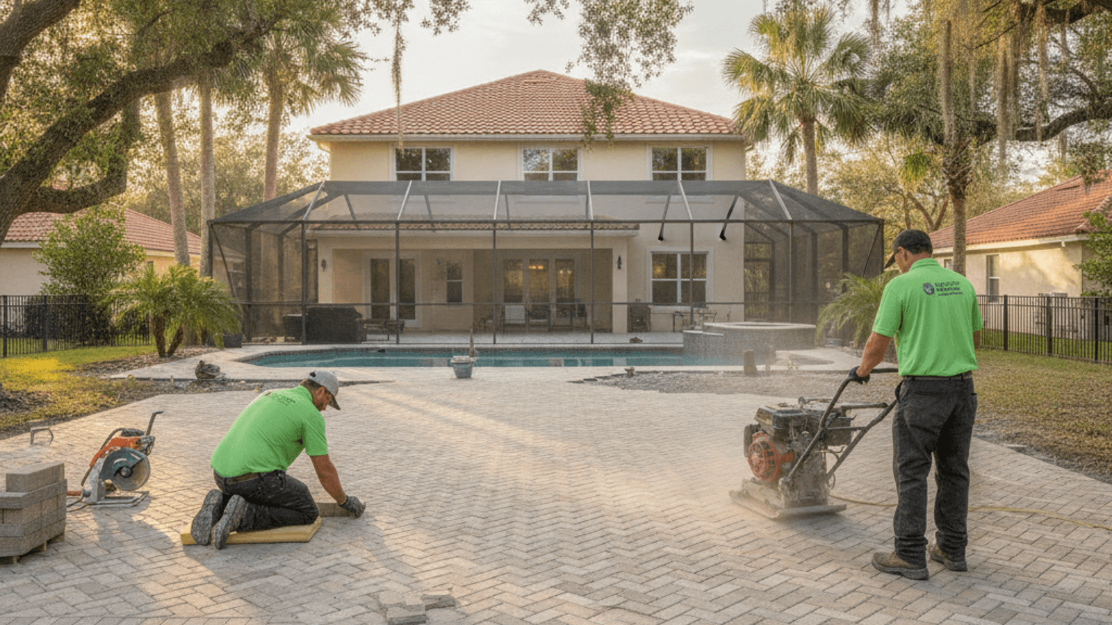 Contractor building a paver patio in a Greater Orlando backyard