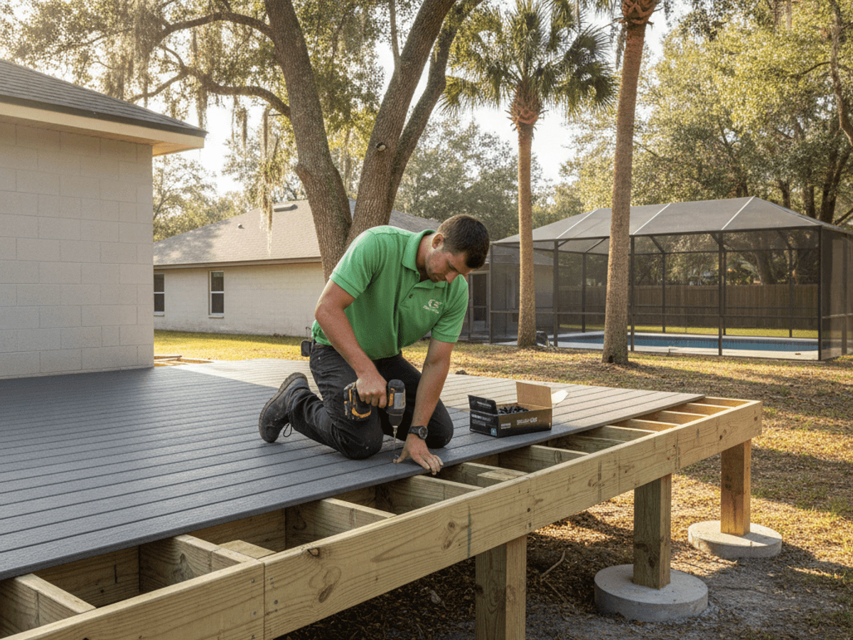 Composite deck under construction on an elevated Orlando-area lot
