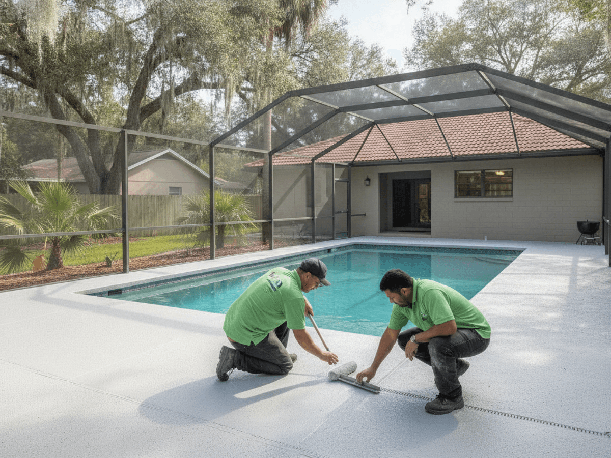 Resurfaced pool deck with cool-deck coating around an Orlando-area pool