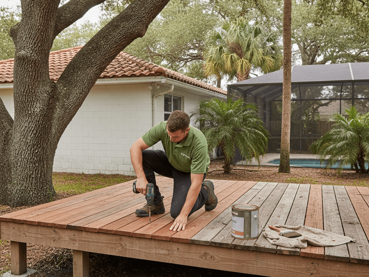Deck board replacement and restaining in progress on an Orlando-area home