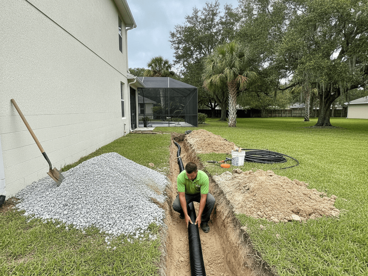French drain installation being trenched in an Orlando-area yard
