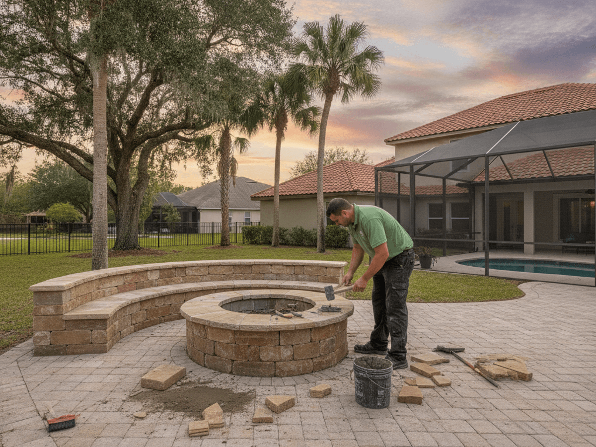 Stone fire pit with seating wall in an Orlando-area backyard