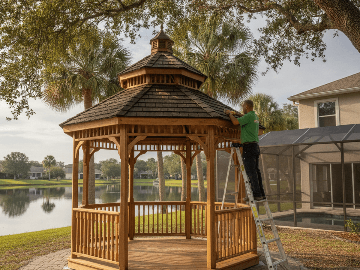 Wood gazebo structure near a lake in the Orlando area