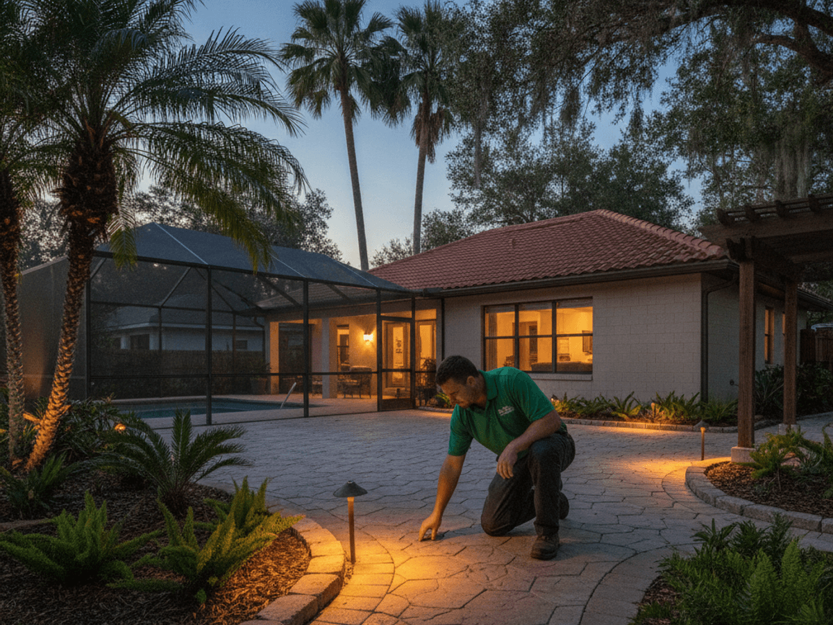 Low-voltage landscape lighting illuminating an Orlando-area patio at dusk