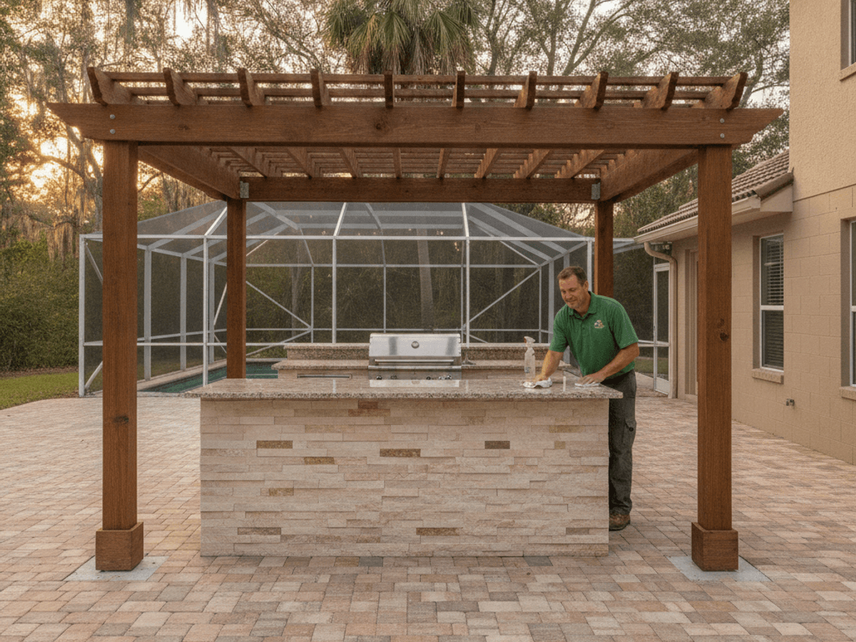 Outdoor kitchen with built-in grill under a covered structure in Orlando