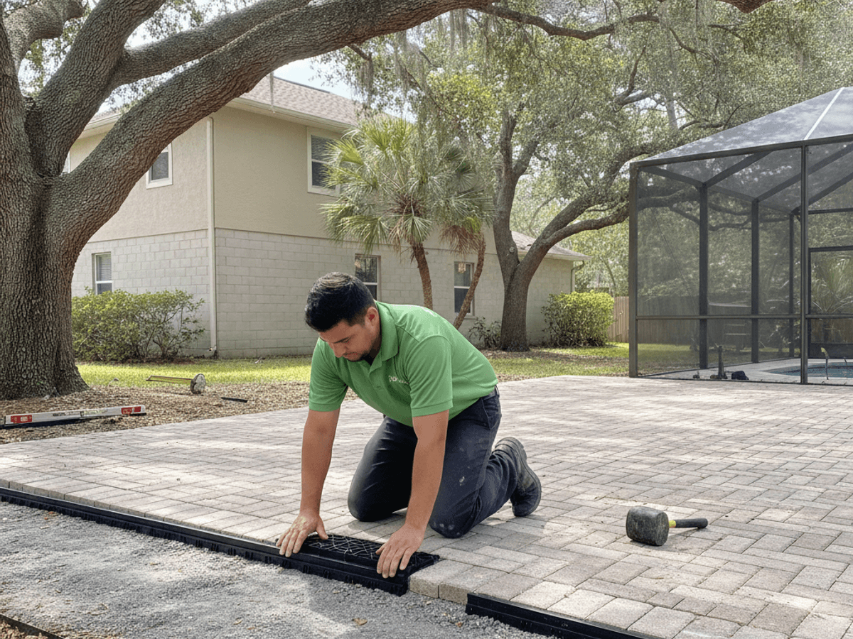 Contractor building a paver patio in an Orlando-area backyard