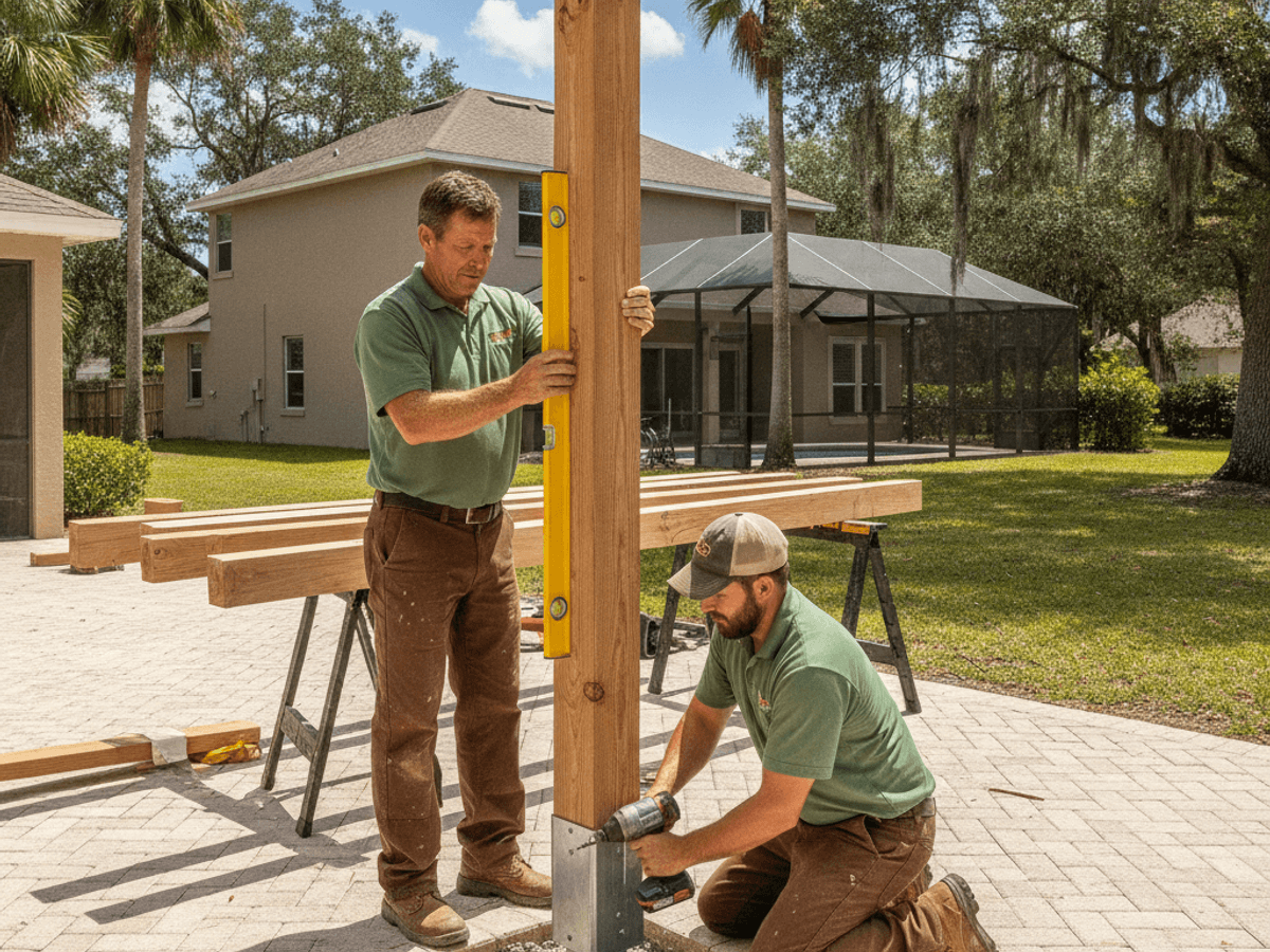 Wood pergola over a patio in an Orlando-area backyard