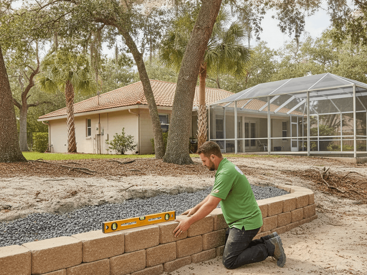Segmental block retaining wall holding back a sloped Orlando-area yard